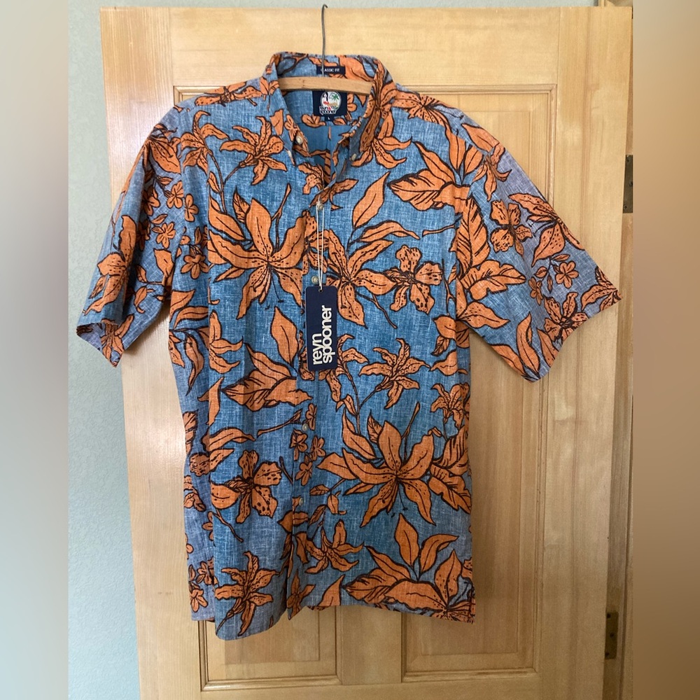 REYN SPOONER Blue and Orange Casual Button Down Hawaiian Shirt (NEW) - Picture 3 of 10